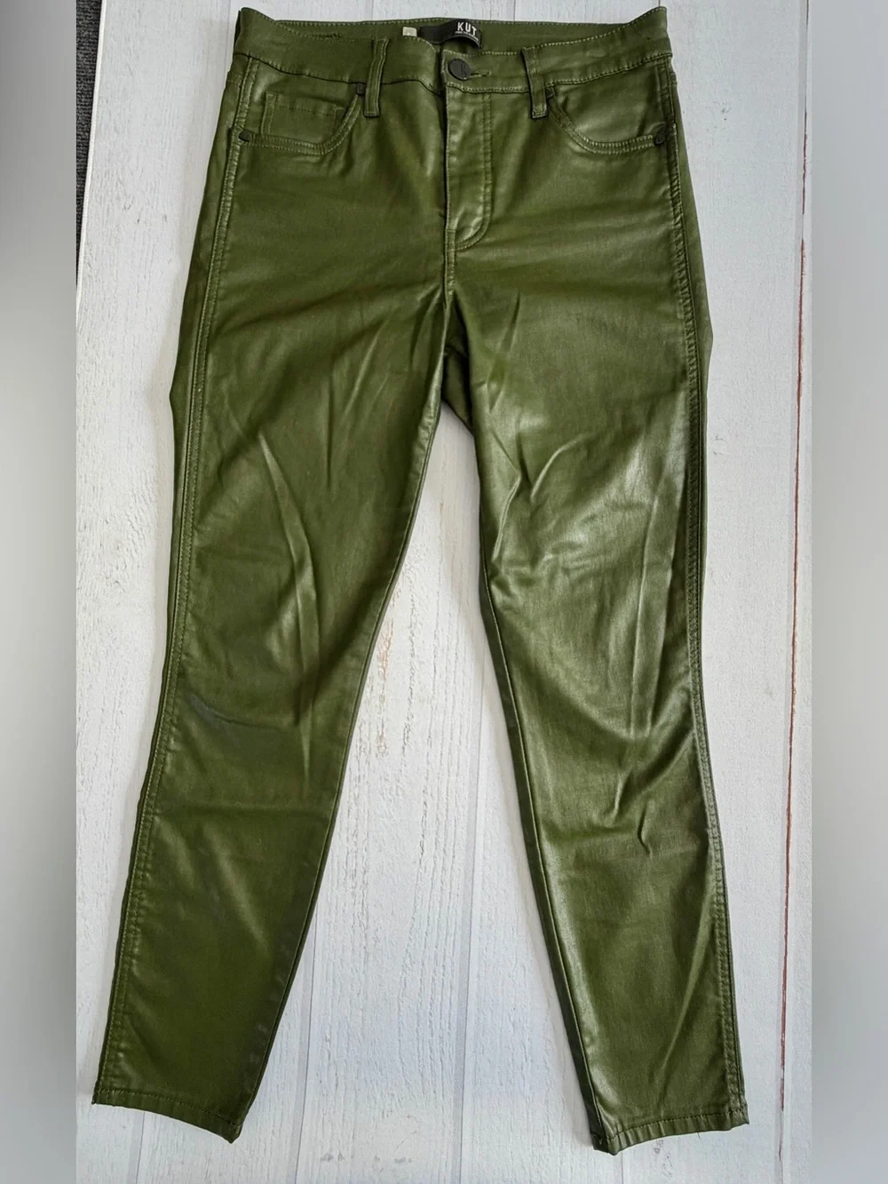 KUT From The Kloth Olive Green Faux Leather Coated Skinny Pants Size 6 - Picture 4 of 11